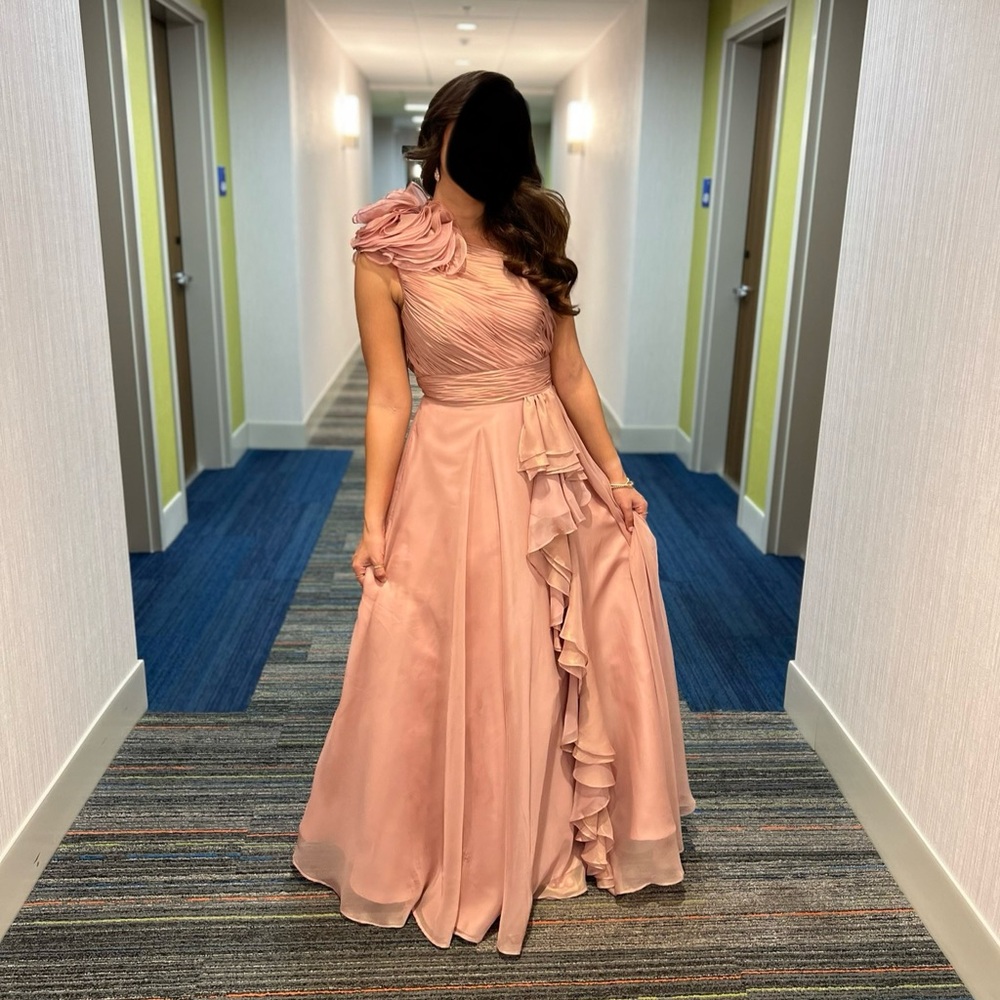 Mac Duggal One-Shoulder Rosette Iridescent Ballgown